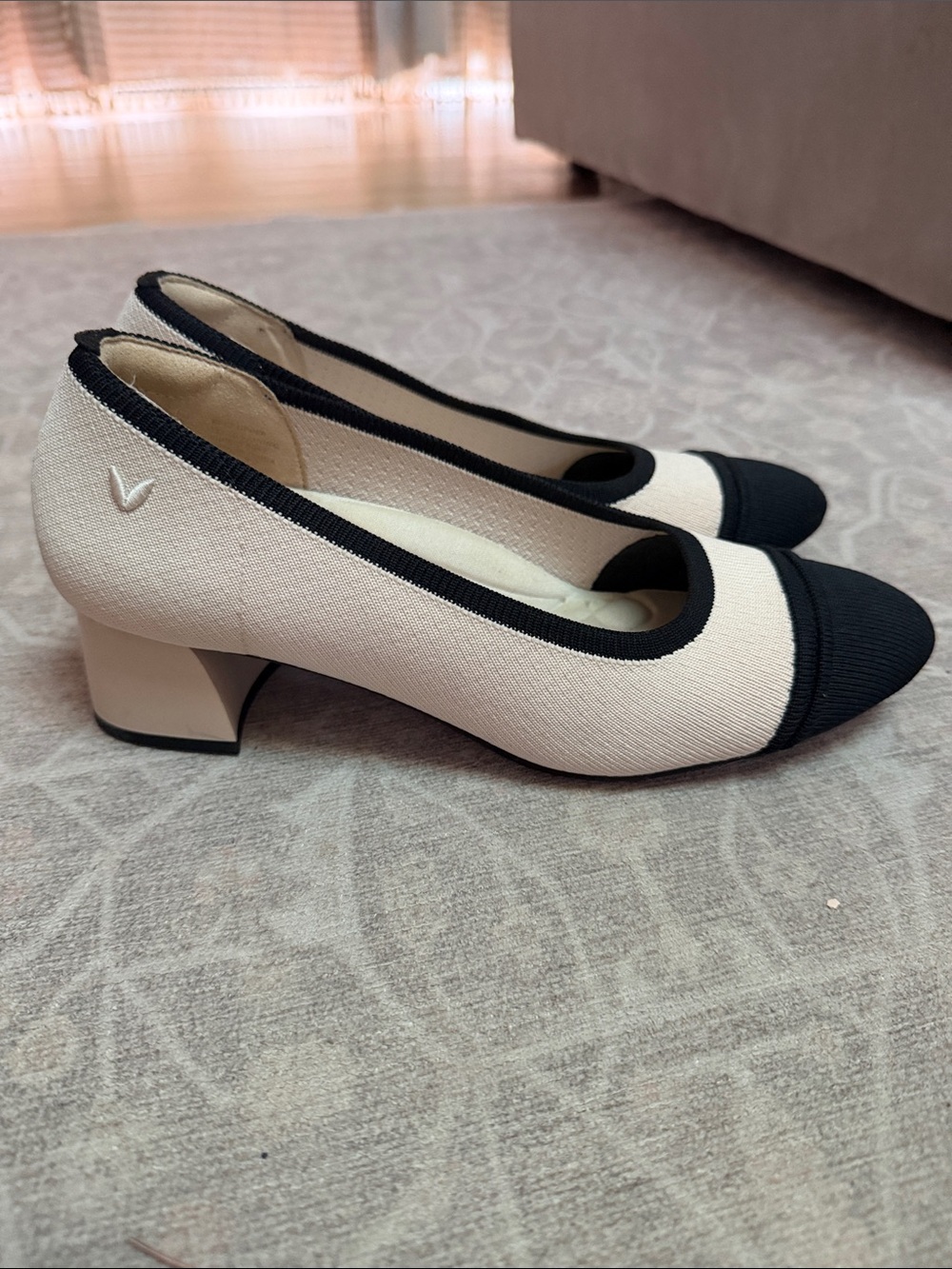Two-Tone Cream and Black Low Block Heel Pumps
